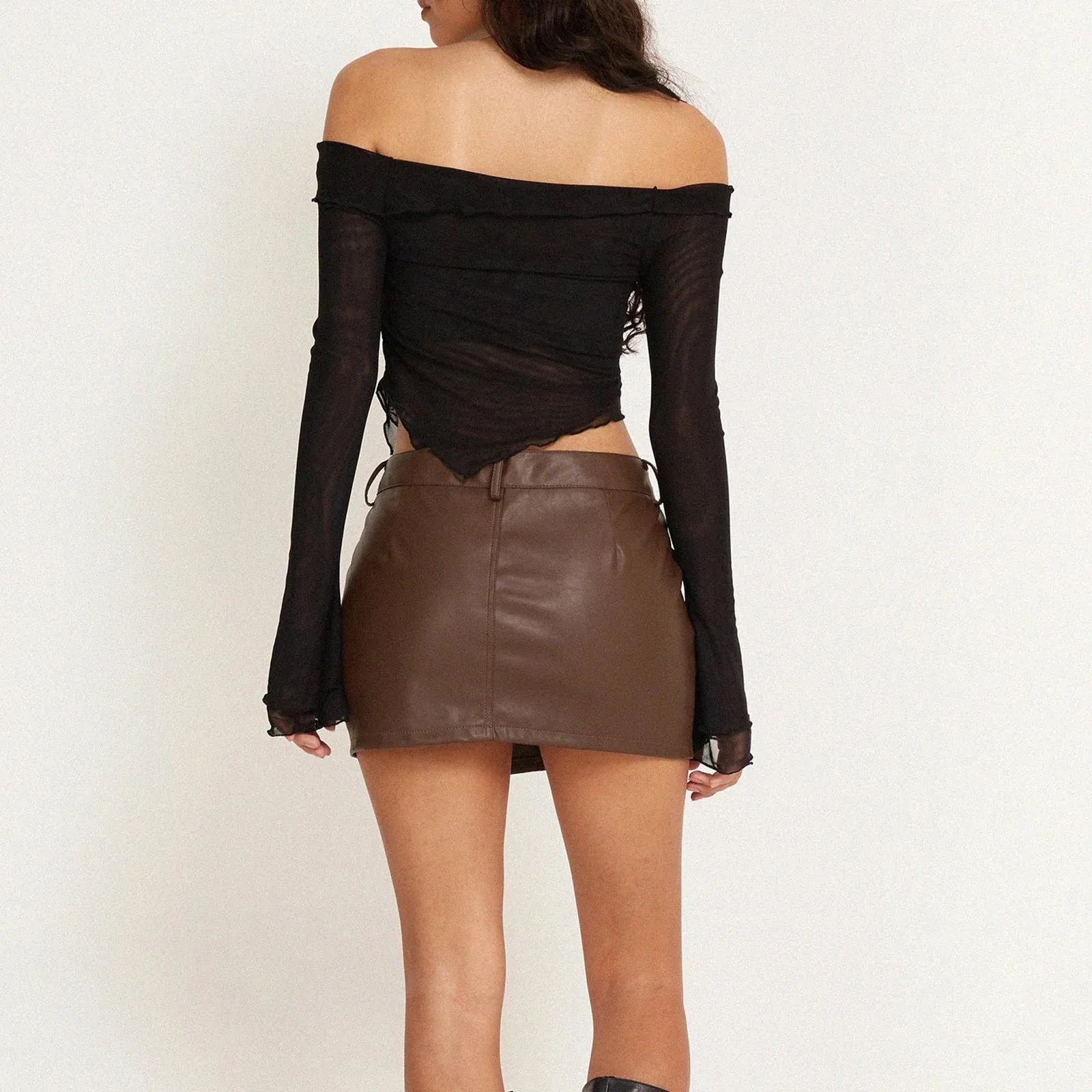 Off Shoulder Mesh Long Sleeve Solid Color Slim Fit Asymmetrical Streetwear Y2k T-shirt